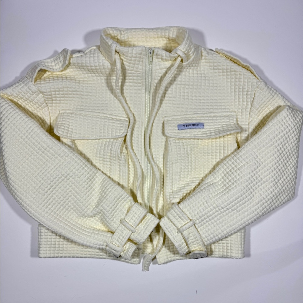 My Baby Made It Jacket L Cropped Waffle Zip Utility Yellow Y2K Streetwear